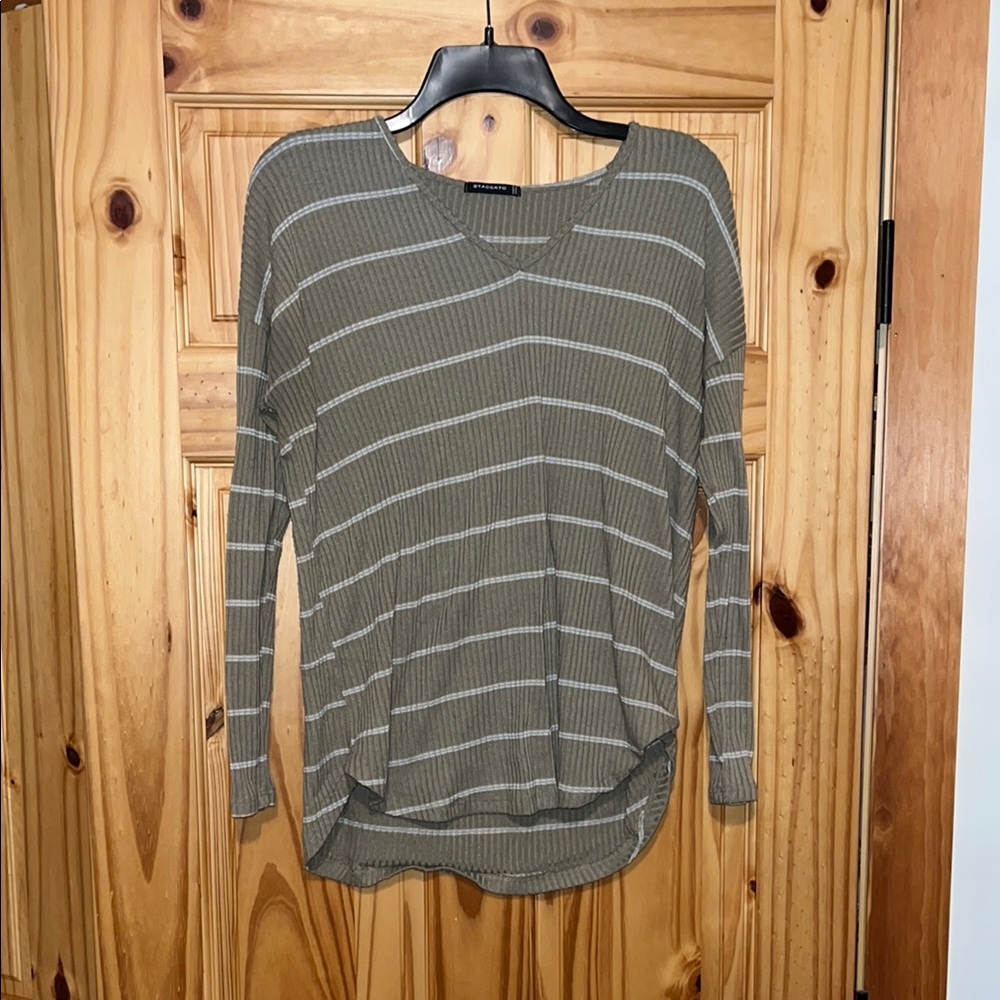 Cream and Green Long Sleeve Relaxed Fit T-Shirt with Crew Neck